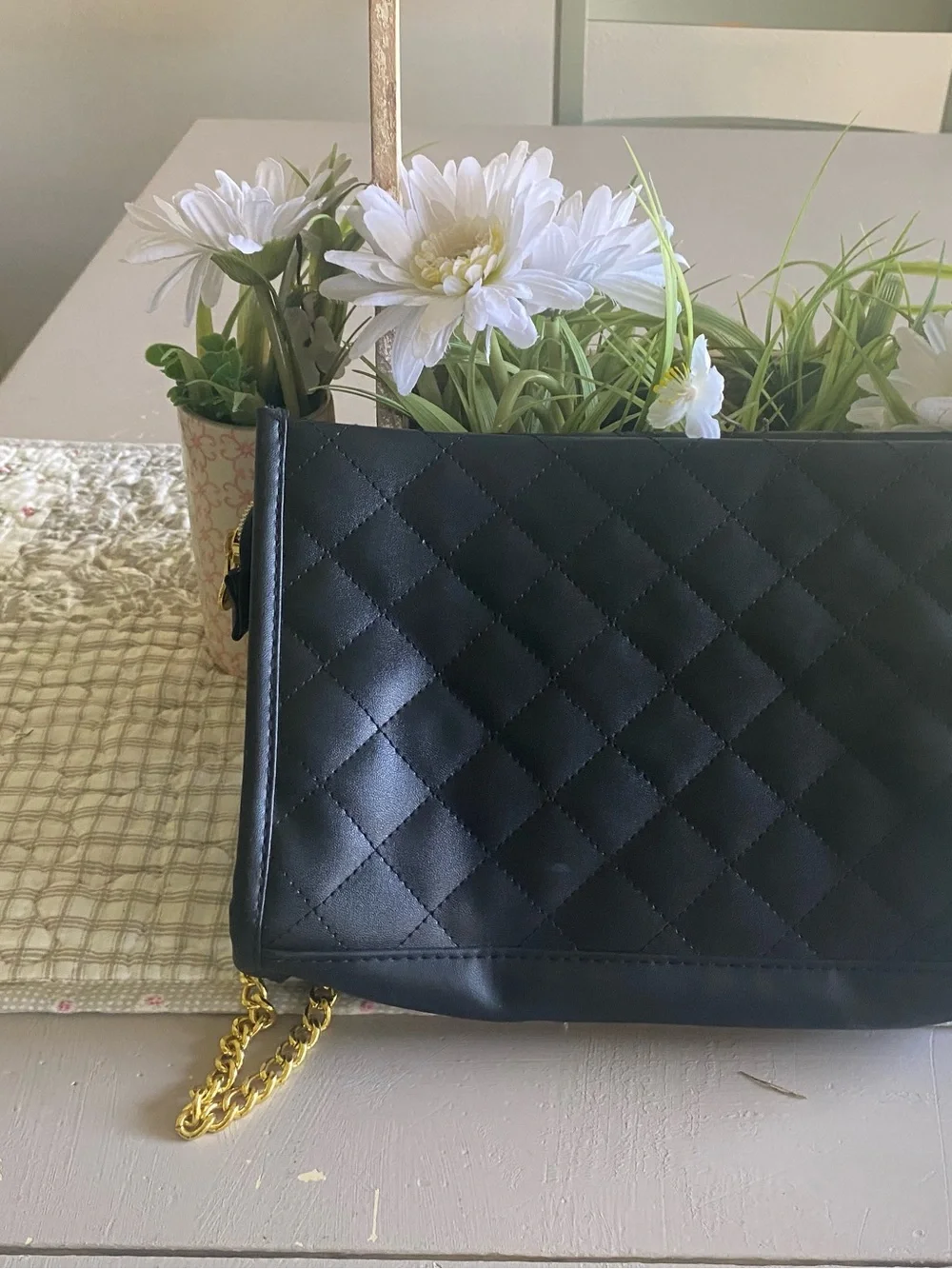Younique Black Quilted Crossbody with Gold Chain Detail